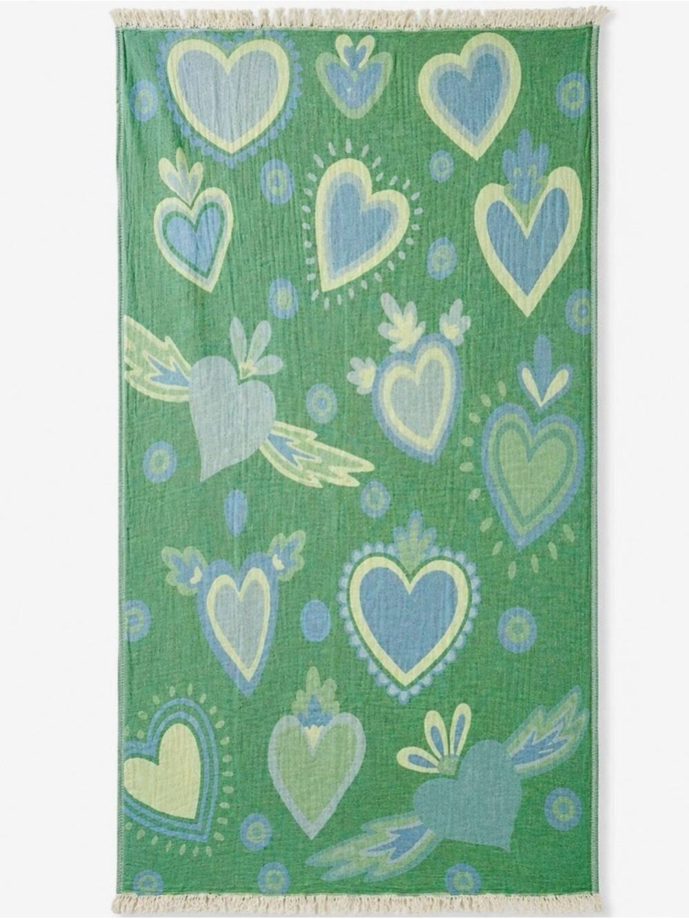 Hippie Hearts Woven Blanket 44 x 78 100% Cotton 2 Side NEON HEARTS GREEN + BLUE